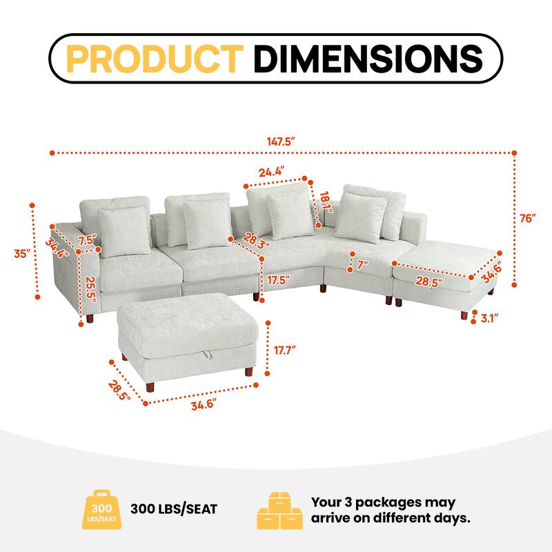 GDFStudio - Modular Chenille 4-Seater 144" Oversized Sectional Sofa with Ottomans