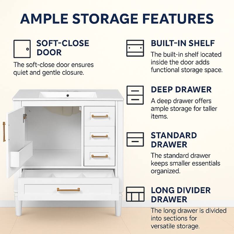 30" Ceramic Sink Bathroom Vanity with Gold Handles, Soft-Close Storage & Space-Saving Design