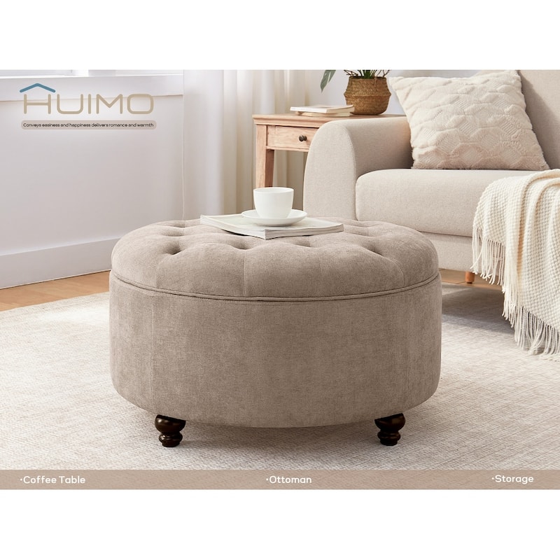 Tufted Large Round Storage Ottoman Footrest Beige/ Grey/ Blue
