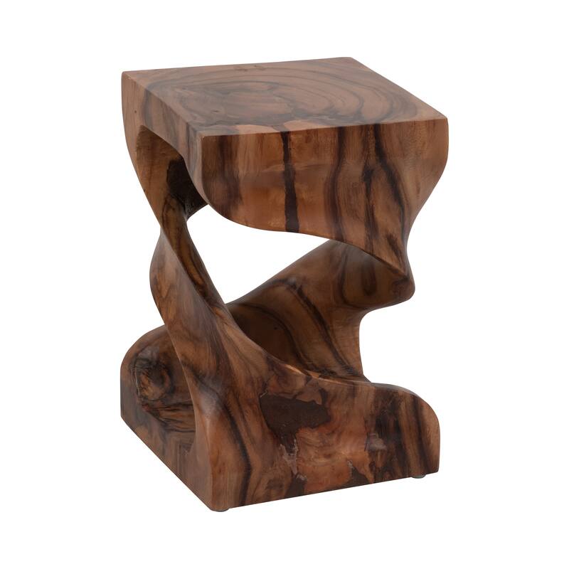 Hand-Carved Suar Wood Twist Accent Table - 18" Brown Side Table for Living Room, Bedroom, or Office - 12" x 12" x 18"