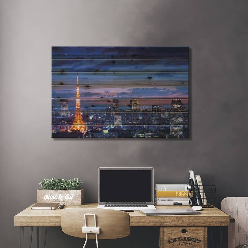 Tokyo Night View Print On Wood by Takao Kataoka - Multi-Color