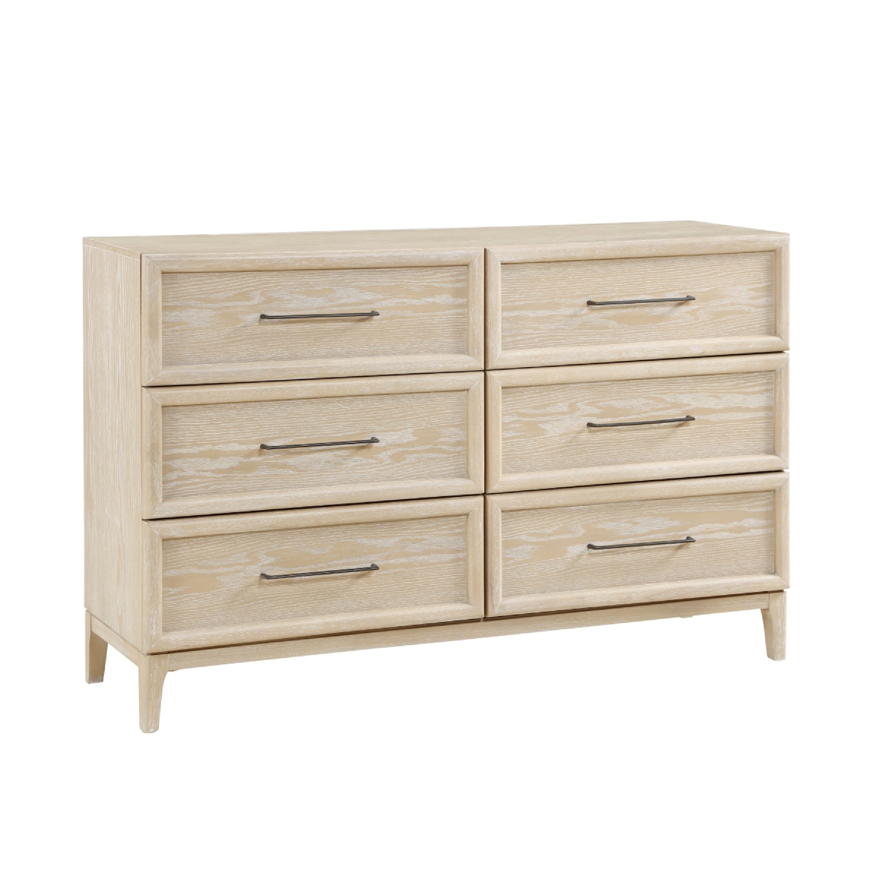 Ary Wide Dresser, 6 Drawers, Black Nickel Handles, Light Brown Wood