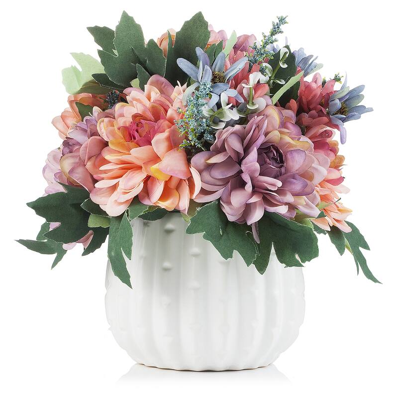 Enova Home Artificial Silk Daisy and Mixed Fake Flowers Arrangement in White Ceramic Pot for Home Garden Decoration - Purple Pink