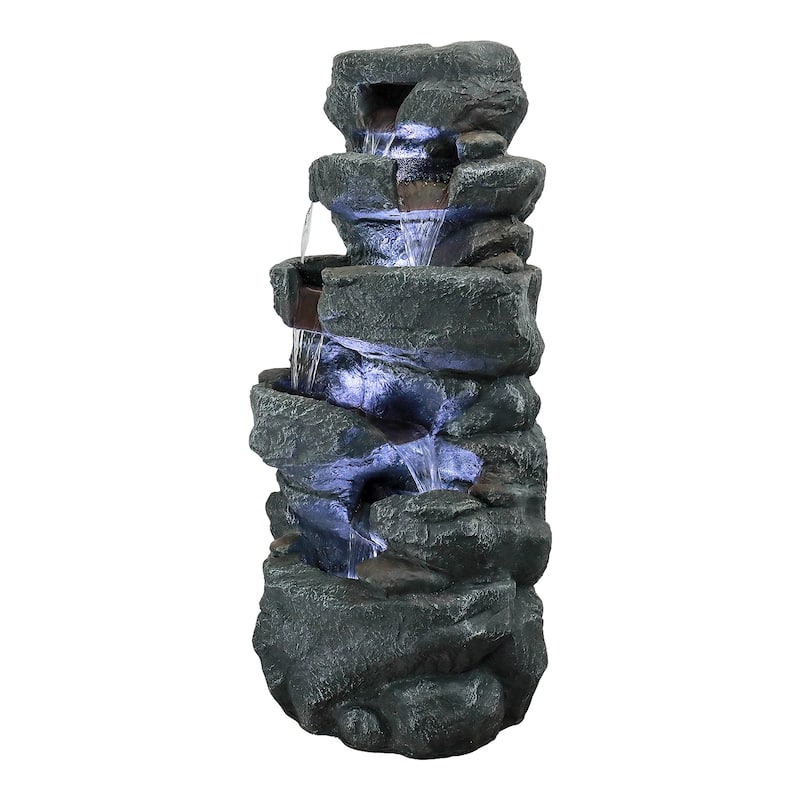 6-Tier Cascading Rock Water Fountain Outdoor Garden Waterfall w/Lights