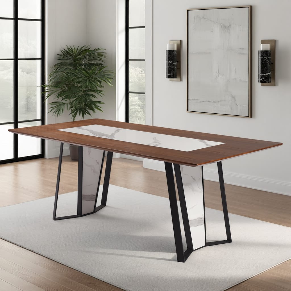 Tanya Transitional 79 in. Rectangular Dining Table with Brown Wood and White Sintered Stone Table Top - Seats up to 6