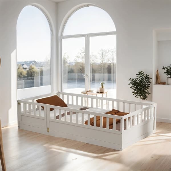 slide 2 of 17, Twin Size Floor Bed with Super High Security Barrier White