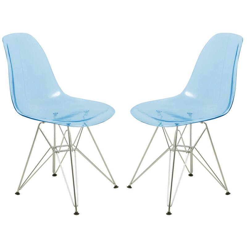 Cresco Transparent Acrylic Chairs with Chrome Eiffel Legs - Modern Dining Chairs for Kitchen Dining Room Home Office Set of 2 - Transparent Blue
