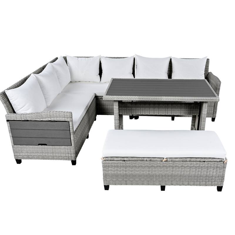 5-Piece Outdoor Rattan Sectional Sofa Set with Dining Table, Bench, and 2 Extendable Side Tables