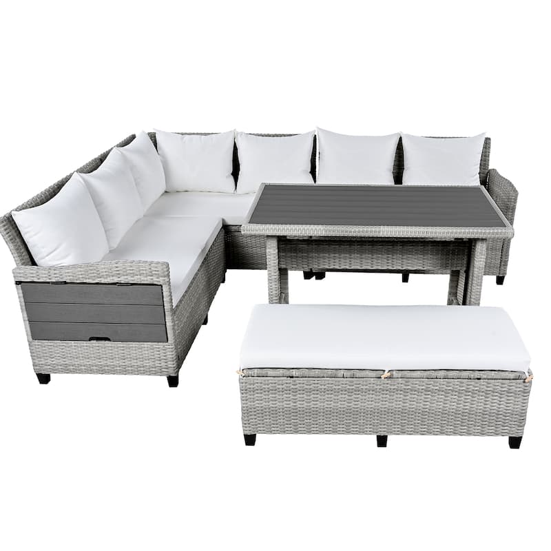 Roomfitters 5-Piece Outdoor Rattan Sofa Set, Patio Sectional Furniture with Dining Table, Storage Bench, Side Trays