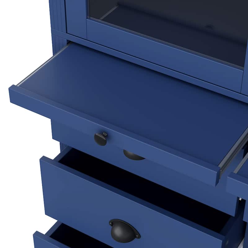 72''H Kitchen Pantry, Display Storage Cabinet with Glass Doors and Drawers, Serving Trays and Shelves