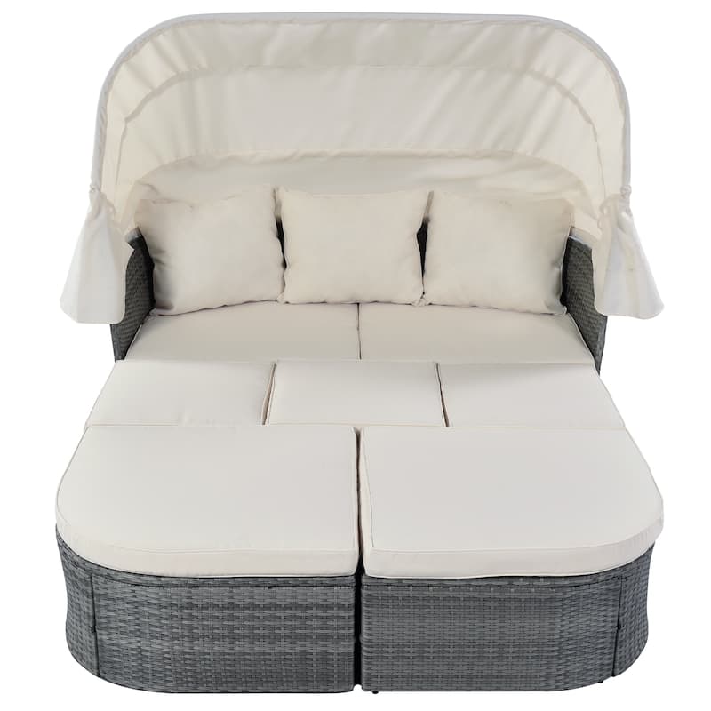 6-Pieces Outdoor Patio Rattan Round Daybed Sunbed Set with Retractable Canopy and Lift Table
