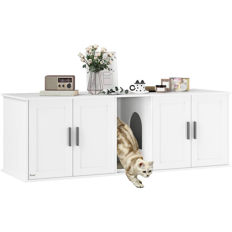PawHut Cat Litter Box Enclosure for 2 Cats, Hidden Litter Box Furniture with Double Room, Scratching Mat - White
