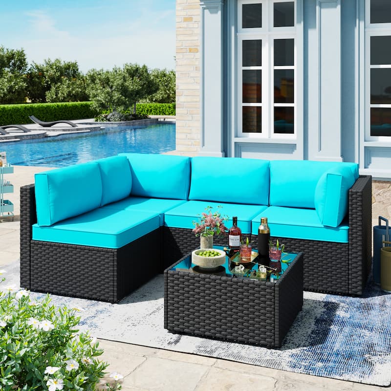 Outdoor 5-Piece Wicker Sectional Sofa Set with Table - Blue/Black