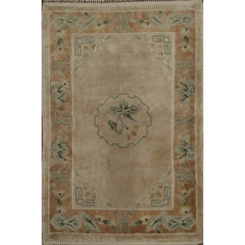 Hand Knotted Oriental 100% Silk Carpet Traditional Medallion Beige & Ivories Art Deco Area Rug - 3' 2'' X 2' 1''