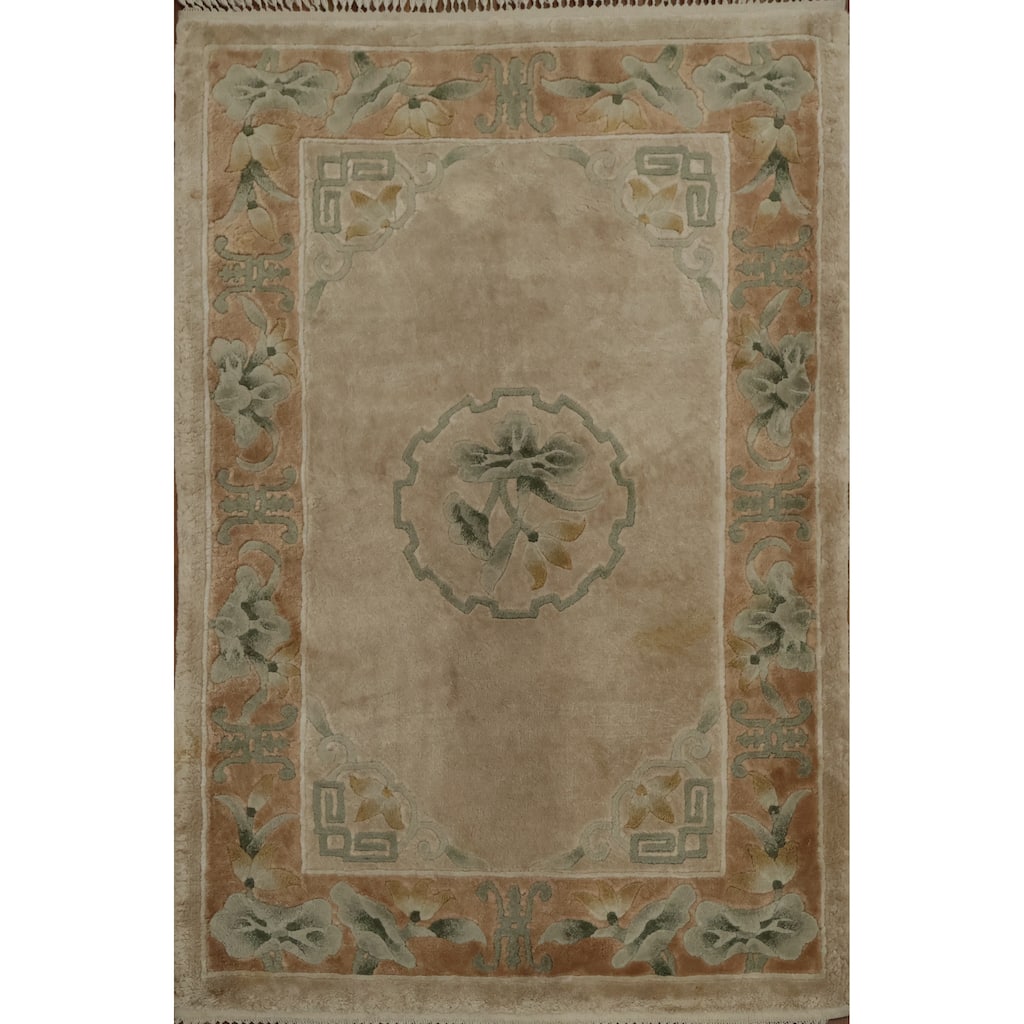 Hand Knotted Oriental 100% Silk Carpet Traditional Medallion Beige & Ivories Art Deco Area Rug - 3' 2'' X 2' 1''