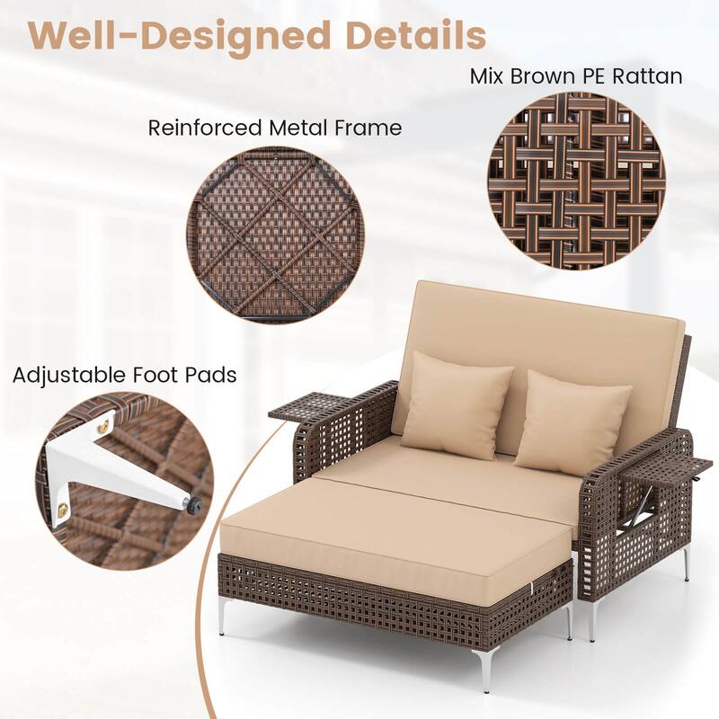 Costway 2 PCS Wicker Loveseat & Storage Ottoman with 4-Level Backrest