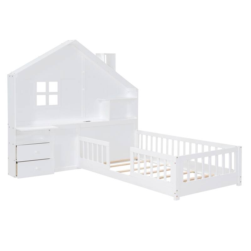 Twin Wooden House Platform Bed with Roof, Drawers, Shelves, and USB Port