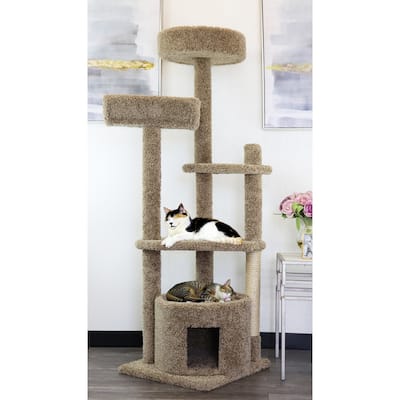 64" Multi-Level Cat Tower with Hammock Perch, Enclosed Cat House, Flat Platforms and Sisal Posts for Playful Cats