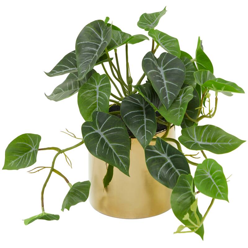 Faux Foliage Pothos Artificial Plant with Realistic Leaves and Gold Porcelain Pot - Green - Roche River Decor