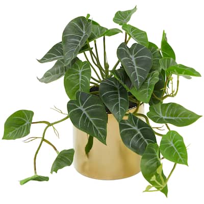 Faux Foliage Pothos Artificial Plant with Realistic Leaves and Gold Porcelain Pot - Green - Roche River Decor