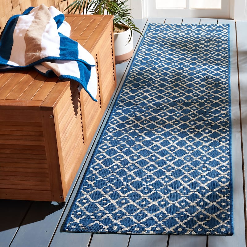 SAFAVIEH Courtyard Meeri Indoor/ Outdoor Waterproof Patio Backyard Rug - 2'2" x 9' Runner - Navy/Ivory