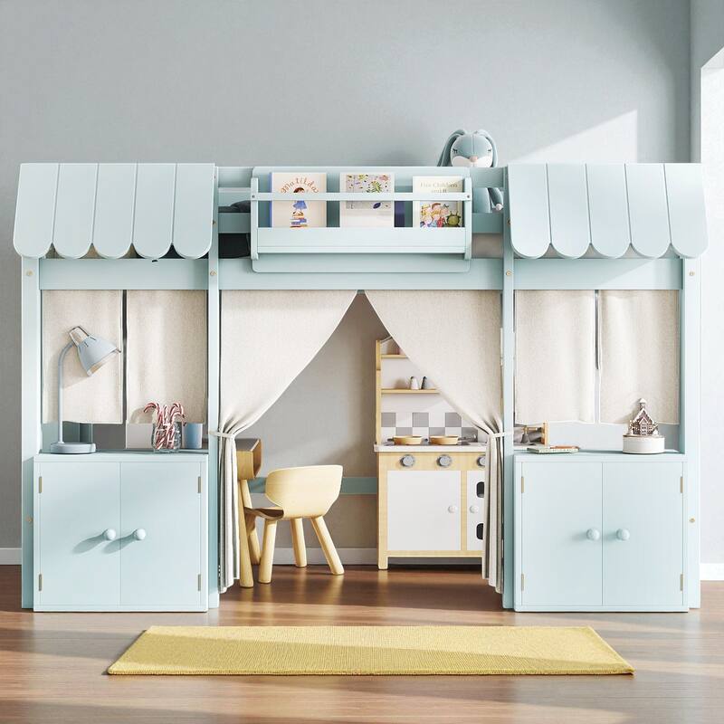 Twin/Full Loft Bed with Bookshelf, Curtain Playhouse, Storage Shelf, Cottage Roof Design and Safety Guardrails for Kids - Light Blue - Twin