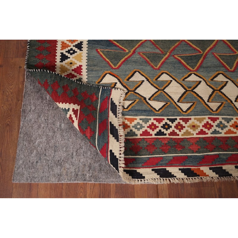 Kilim Qashqai Persian Vintage Rug Hand-Woven Blue Wool Carpet - 4'9"x 8'9"