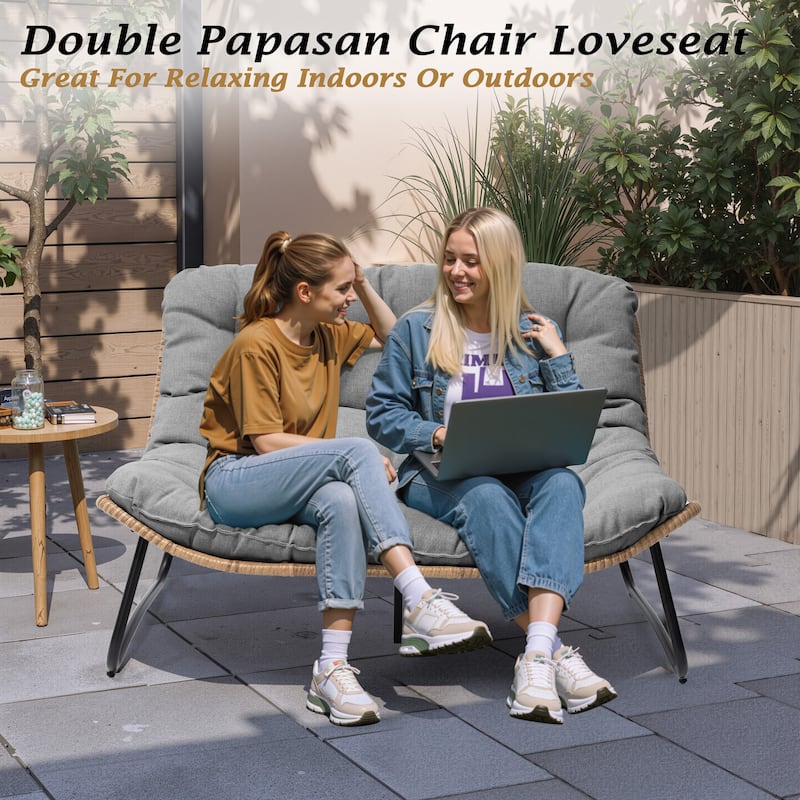 VredHom PE Rattan Double Papasan Chair Loveseat with Cushion for Indoor Outdoor