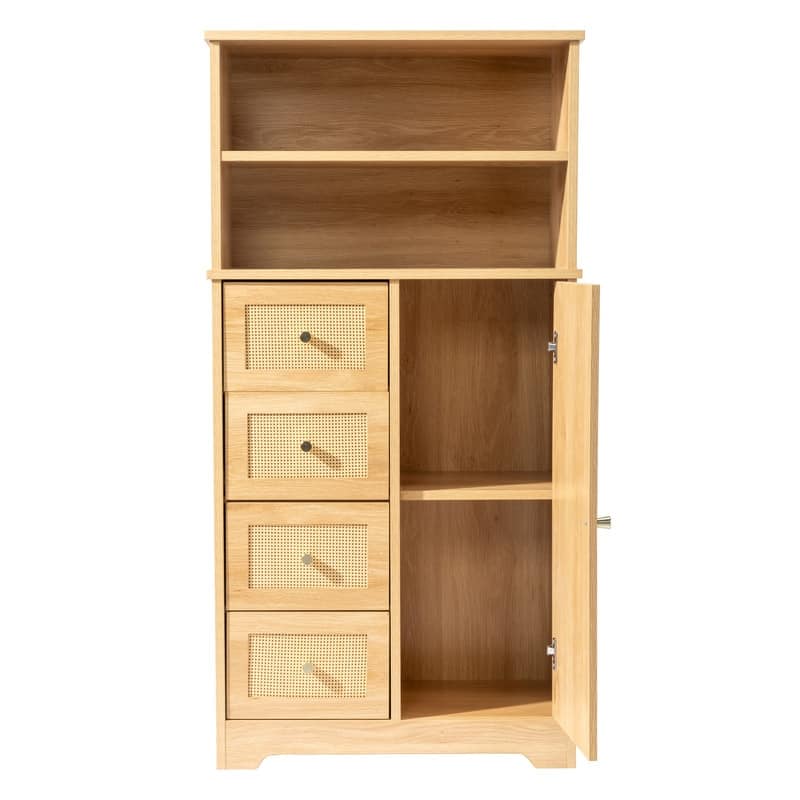 Oak Bathroom Storage Cabinet 4 Tier 1 Door 4 Drawers with Rattan Surface - Wood Finish - Oak