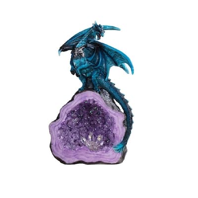 Q-Max 8"H Blue Dragon Guarding Purple Crystal Cave Statue Fantasy Decoration Figurine