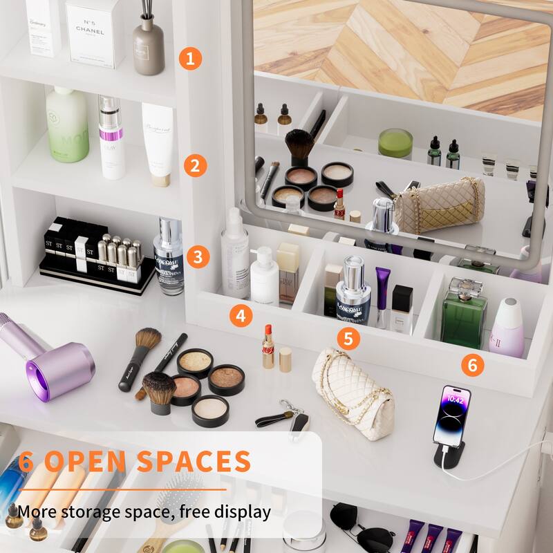 Makeup Vanity Table with LED Mirror, Power Outlet, Storage Cabinet, Cushioned Stool, 32" Wide