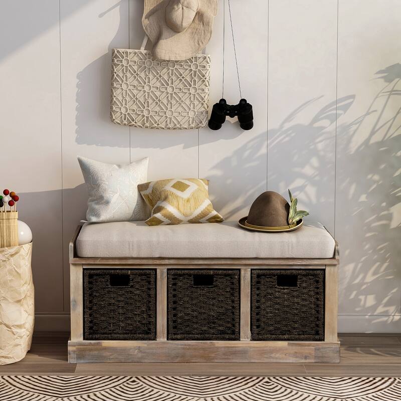 Rustic Storage Bench with 3 Removable Classic Rattan Basket