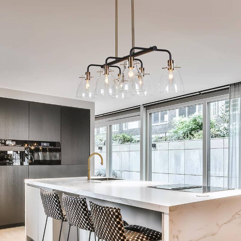 Carrall Modern 6-Light Black Gold Linear Chandelier Glass Pendant Light for Dining Room