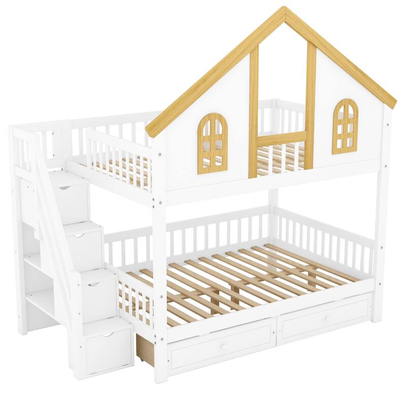 Roomfitters Twin Over Twin/Full Over Full House Bunk Bed with Window, Roof and Storage Staircase, White and Natural
