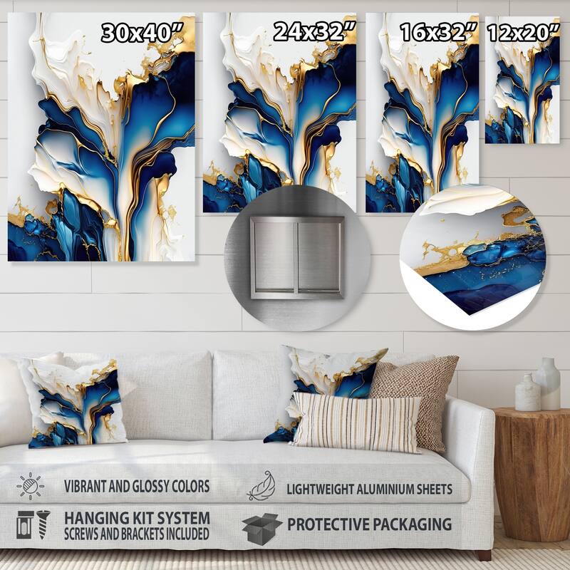 Designart 'Abstract Geode Gold And Blue Marble Shape III' Modern Geometric Metal Wall Art