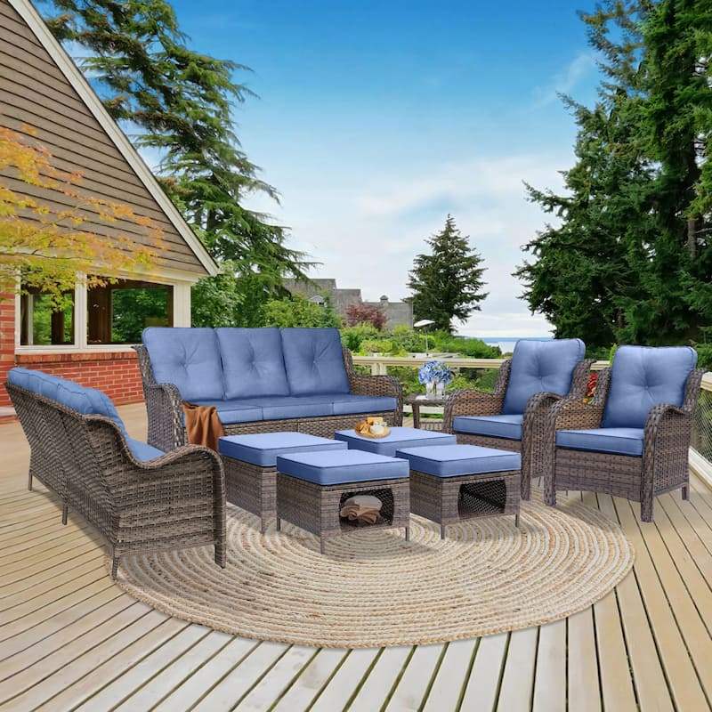 9 Piece Wicker Outdoor Patio Furniture Seating Sofa Conversation Sets - Blue-Brown Rattan