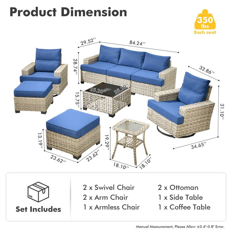 OVIOS 9 Pieces T shaped Swivel Chair Set With Solar-Powered Coffee Table
