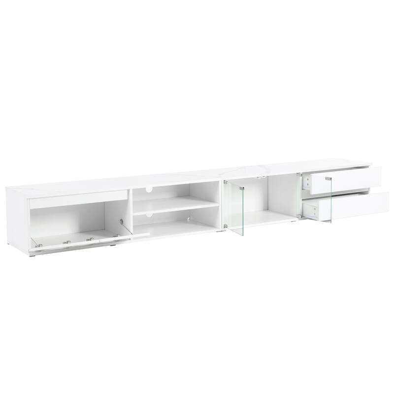 Modern APP Controlled LED TV Stand for TVs Up to 105'', Faux Marble Tabletop Media Console with Tempered Glass Doors & 2 Drawers