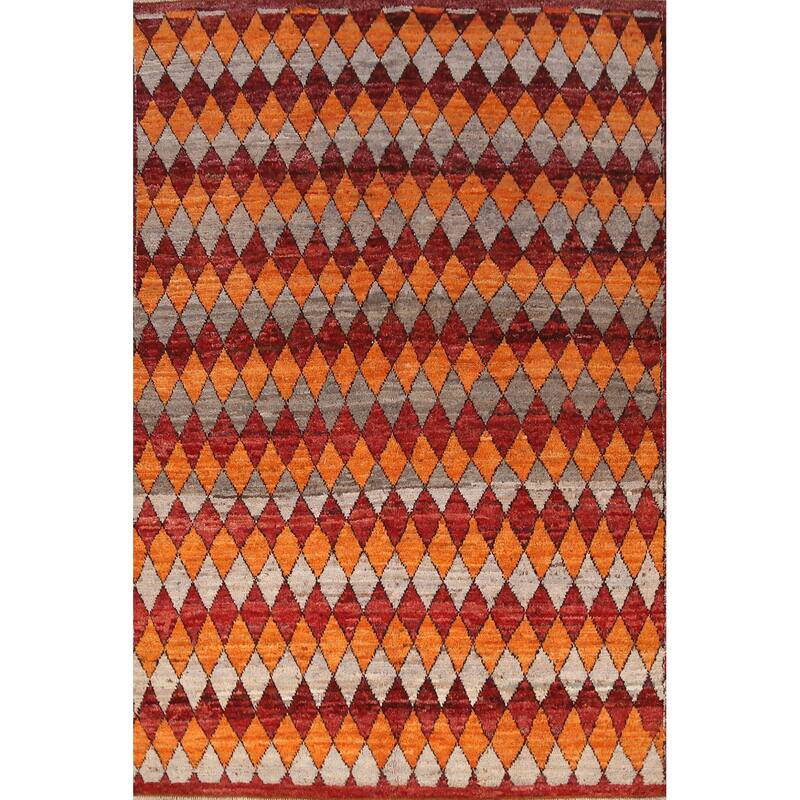 Orange Trellis Moroccan Oriental Area Rug Hand-Knotted Wool Carpet - 6'4" x 9'9"