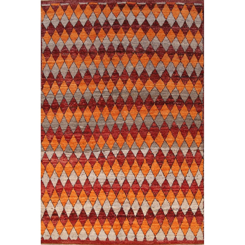 Orange Trellis Moroccan Oriental Area Rug Hand-Knotted Wool Carpet - 6'4" x 9'9"