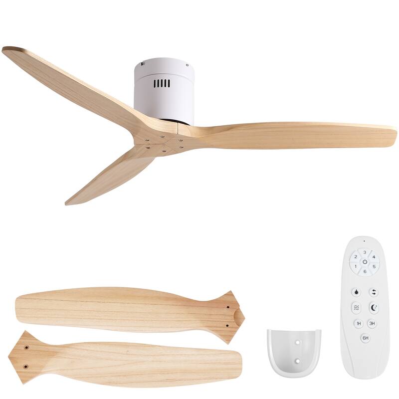 52In. Farmhouse Indoor Flush Mount Low Profile Ceiling Fan with Solid Wood Blades and Remote Control