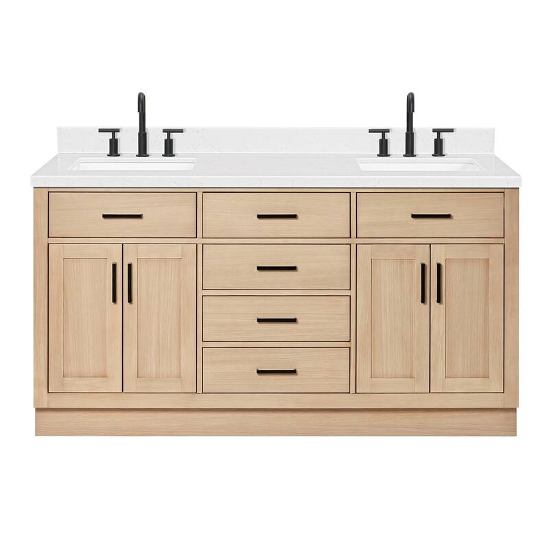 Ariel T066DCQRVO Hepburn 67" Free Standing Double Basin Vanity Set - Oak / Carrara White Quartz Top / Matte Black