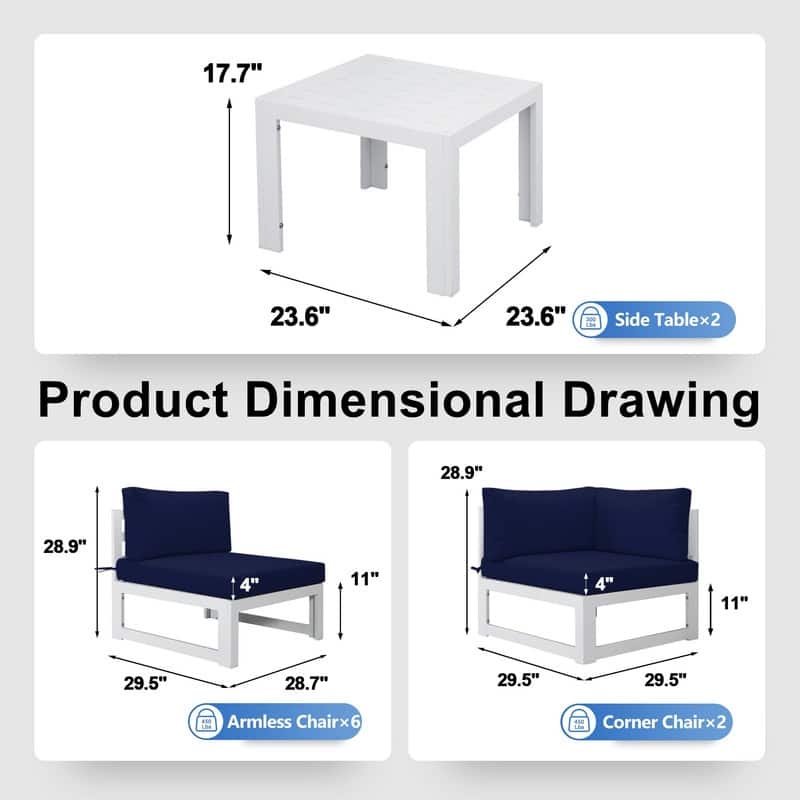 FINCATI White Aluminum Modern Patio Furniture Sectional Sofa Set with Cushion