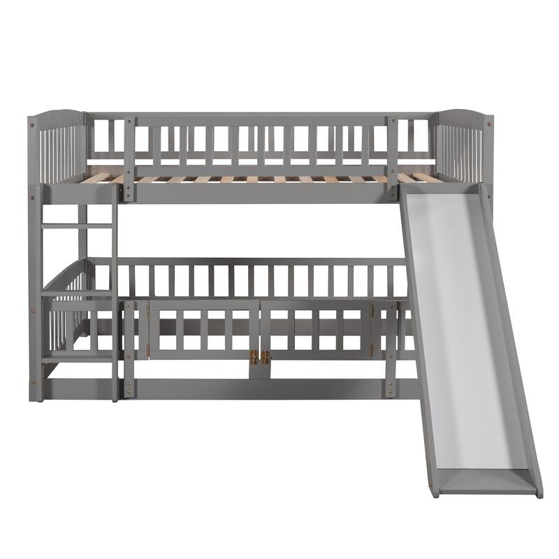 Full Over Full Low Bunk Bed with Slide, Fence, and Ladder for Kids and Teens