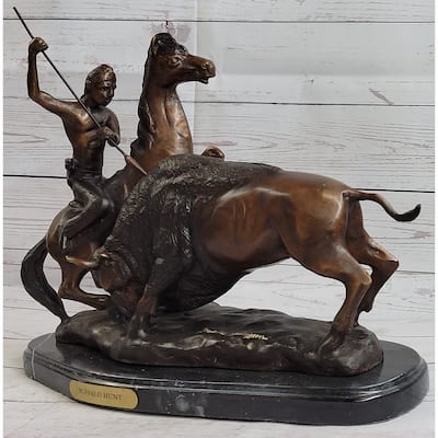 Buffalo Hunt By Frederic Remington Native American Western Bronze Statue Sculpture 13 Inches X 17 Inches