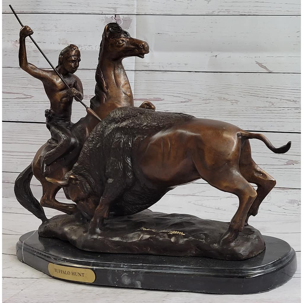Buffalo Hunt By Frederic Remington Native American Western Bronze Statue Sculpture 13 Inches X 17 Inches