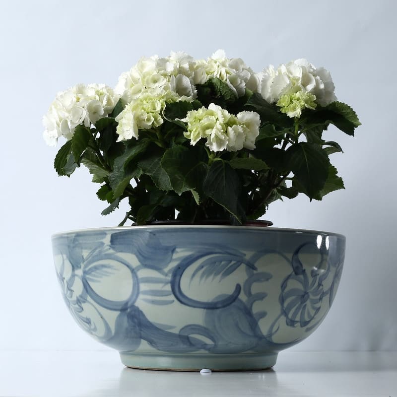 Approx. 16" Wide Blue and White Bowl with Flower Motif