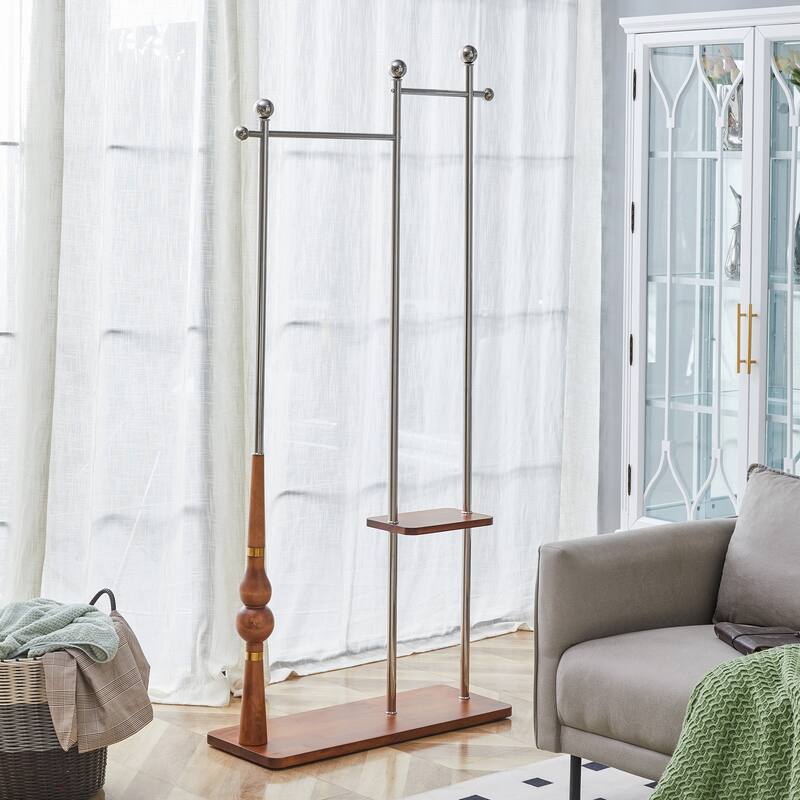 70"Coat Rack, Solid Wood & Silver Stainless Steel Clothing Rack, Double Layer Hanger for Coats, Hats, Bags, Shoes (34.6" Wide) - Wood+Silver