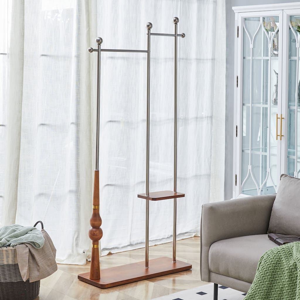 70"Coat Rack, Solid Wood & Silver Stainless Steel Clothing Rack, Double Layer Hanger for Coats, Hats, Bags, Shoes (34.6" Wide)