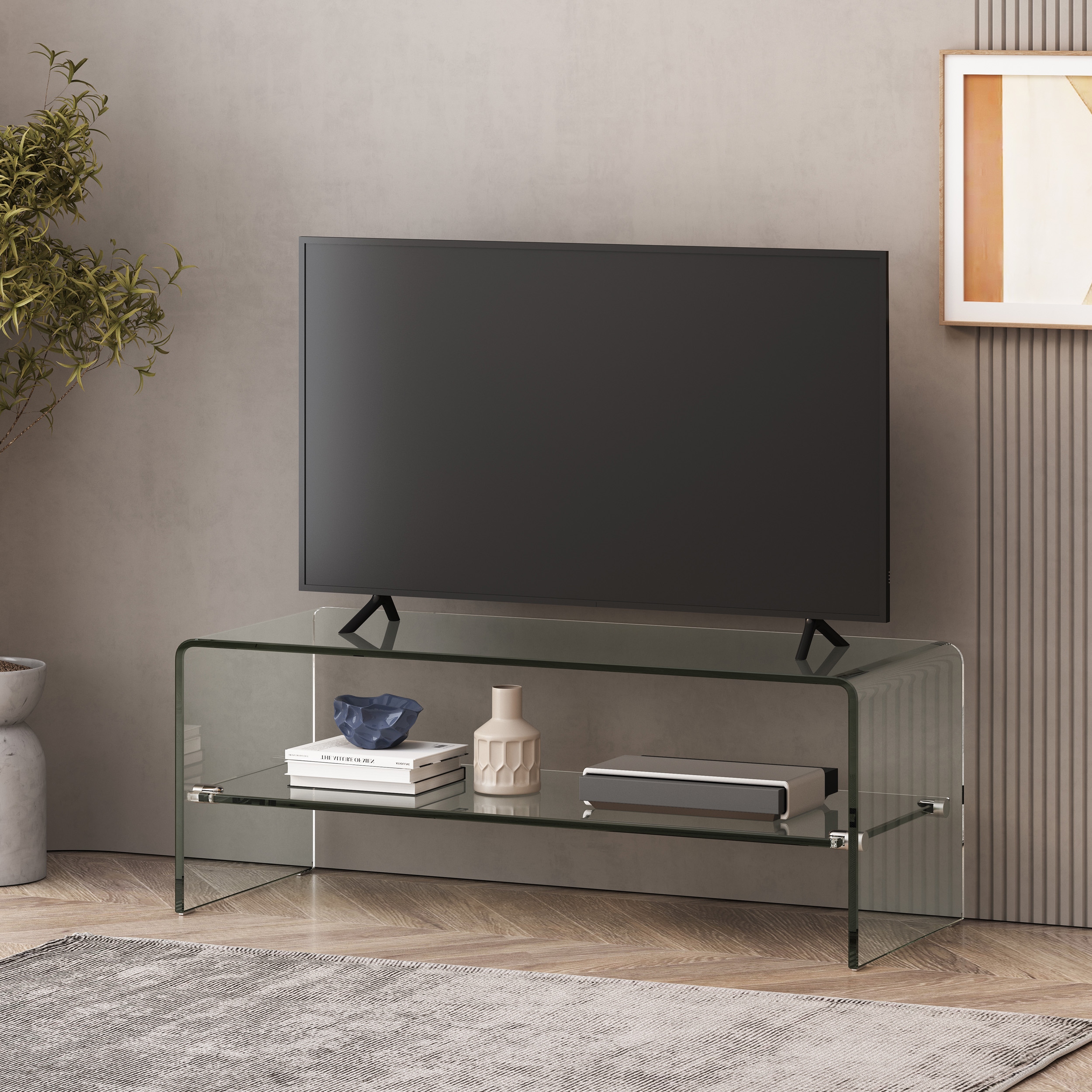 Modern Clear Tempered Glass TV Stand for 39 TVs Open Back Design with Shelf